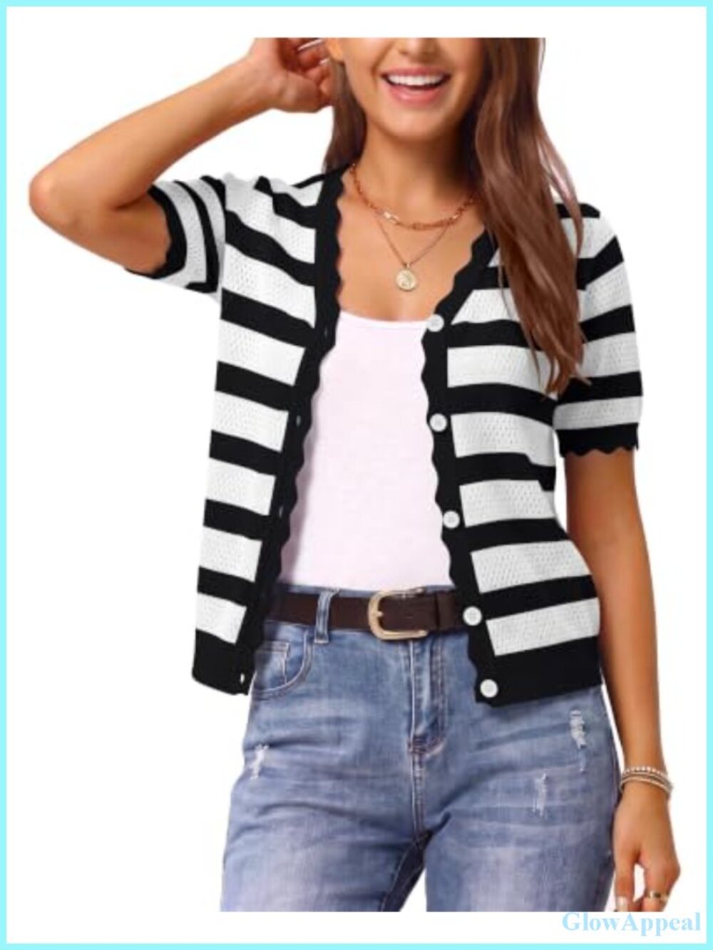 Striped Knit Cardigan Short Sleeve Button Down Cropped Sweater Top